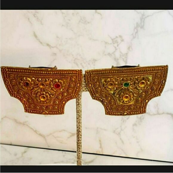 VINTAGE 1930s Czech Art Deco Dress Clips Embossed & Embellished Gilt Brass - Picture 1 of 6